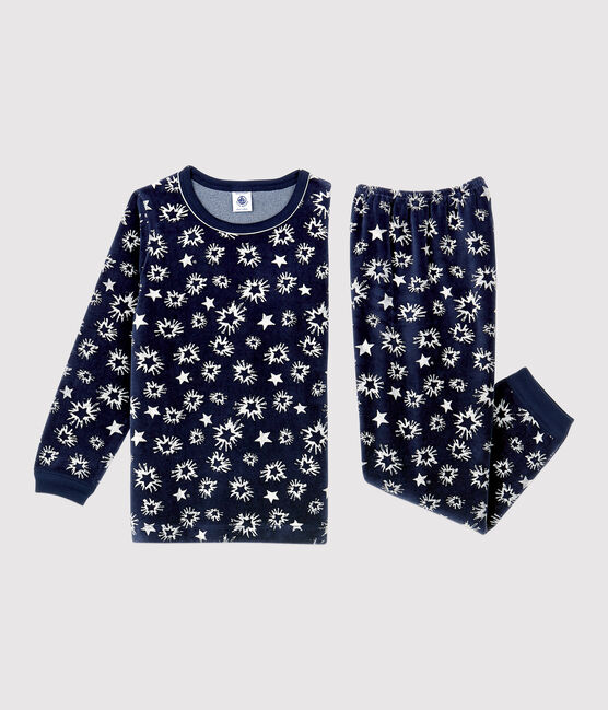Boys' Star Print Velour Pyjamas SMOKING blue/MARSHMALLOW white